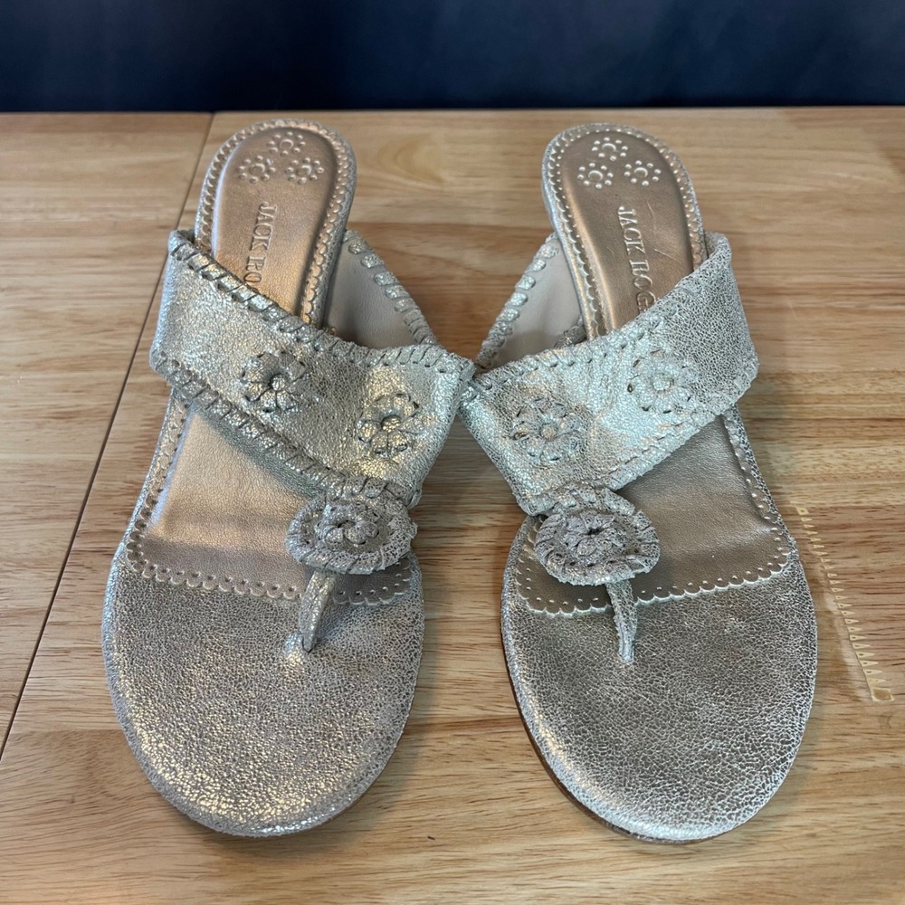 Jack Rogers Womens‎ 11M Metallic Kitten Heel Thong Sandals Rondelle Whipstitch